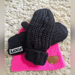 Hot pink DSG beanie and black FXR knit mittens. Womens